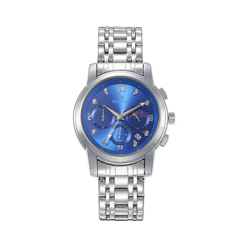 Bestwin Reloj para hombre Classic fase lunar Star movimiento de seis agujas reloj de pulsera para hombre — imagen 5