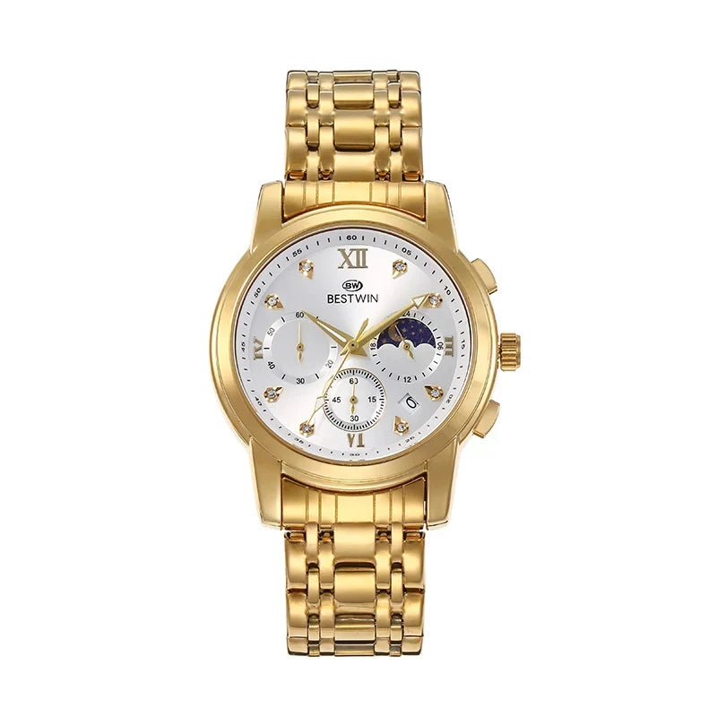 Bestwin Reloj para hombre Classic fase lunar Star movimiento de seis agujas reloj de pulsera para hombre — imagen 3