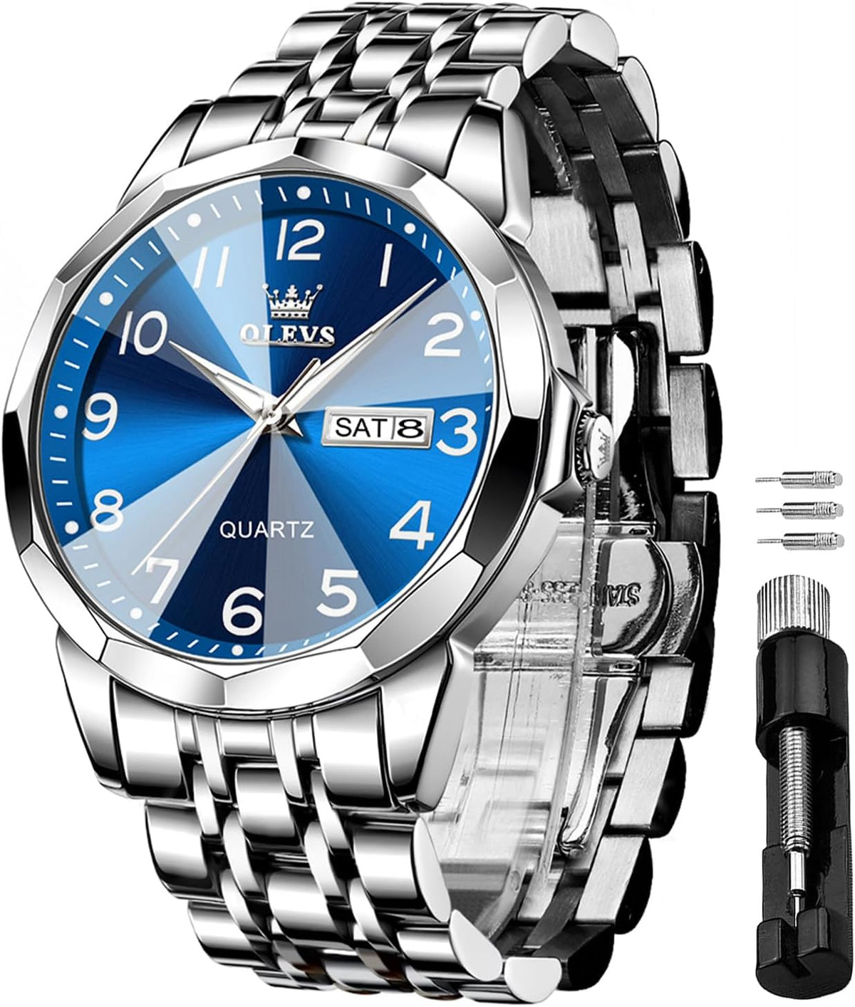 OLEVS acero inoxidable cuarzo Reloj para hombre – Gold, Blue, Black or esfera blanca — imagen 3