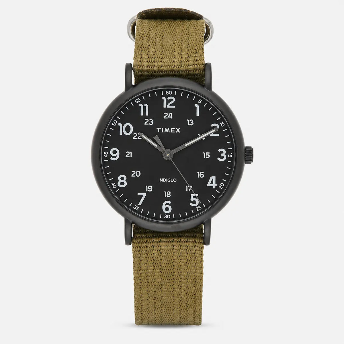 Timex Weekender XL 43 mm para hombre, caja negra y correa de tela verde oliva — imagen 1