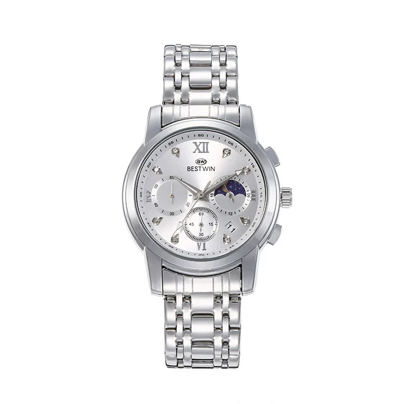 Bestwin Reloj para hombre Classic fase lunar Star movimiento de seis agujas reloj de pulsera para hombre — imagen 1