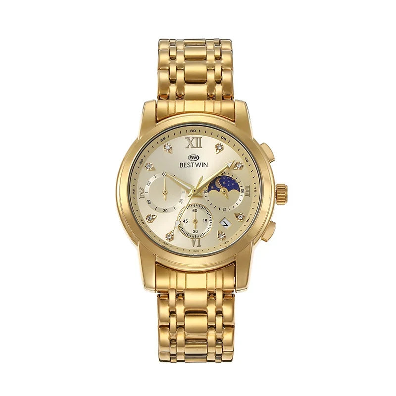 Bestwin Reloj para hombre Classic fase lunar Star movimiento de seis agujas reloj de pulsera para hombre — imagen 2