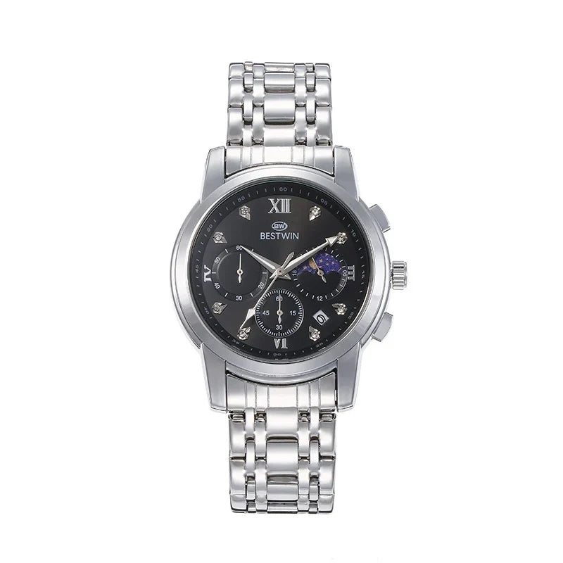 Bestwin Reloj para hombre Classic fase lunar Star movimiento de seis agujas reloj de pulsera para hombre — imagen 6