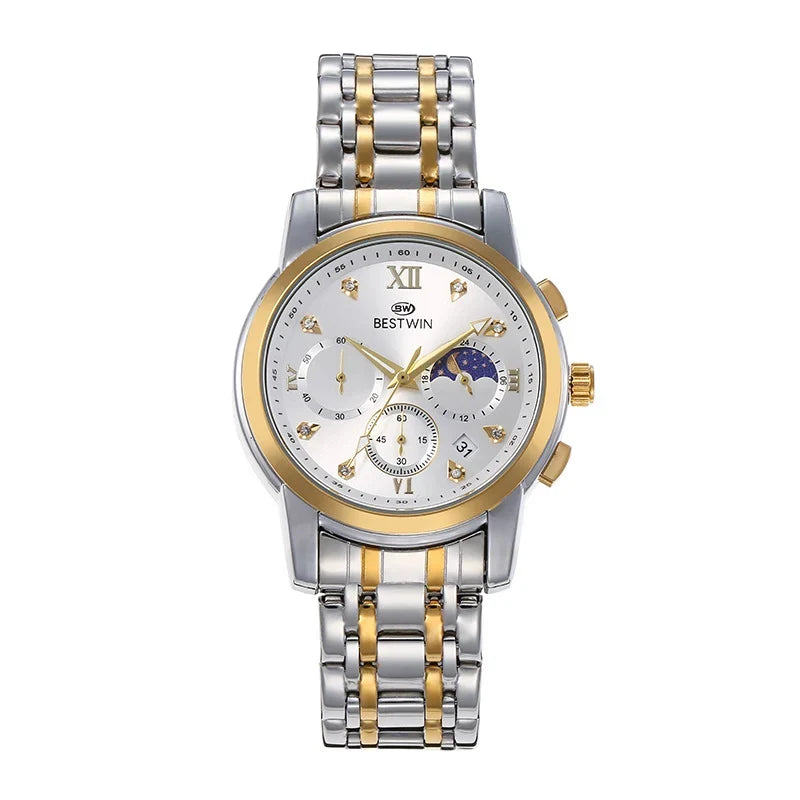 Bestwin Reloj para hombre Classic fase lunar Star movimiento de seis agujas reloj de pulsera para hombre — imagen 4