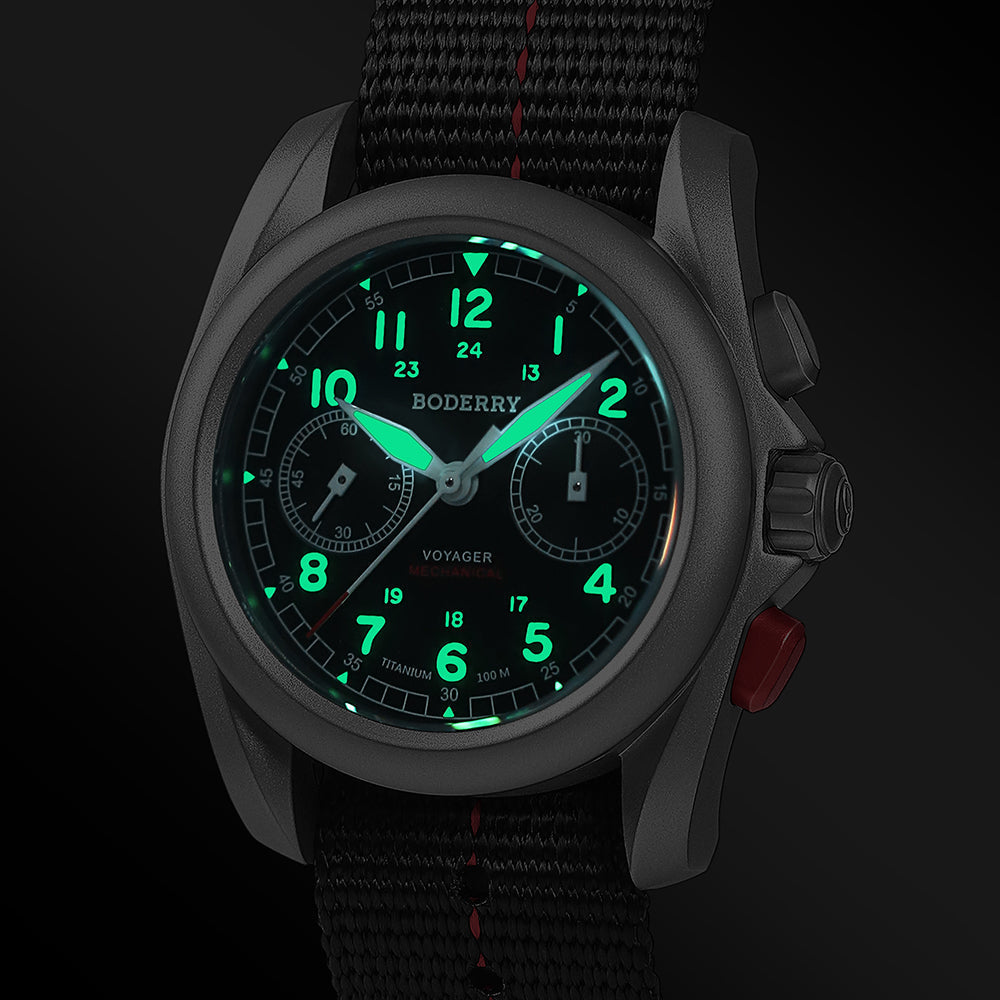 VOYAGER cronógrafo - titanio mecánico Reloj de campaña, 100M resistente al agua | Negro — imagen 3