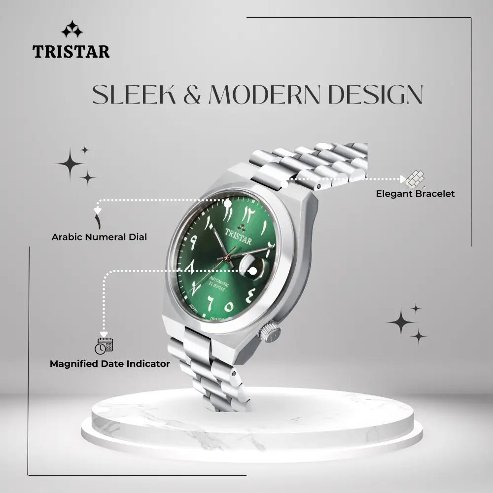 Tristar automático esfera verde esfera con numeración arábiga acero inoxidable Reloj para hombre — imagen 6