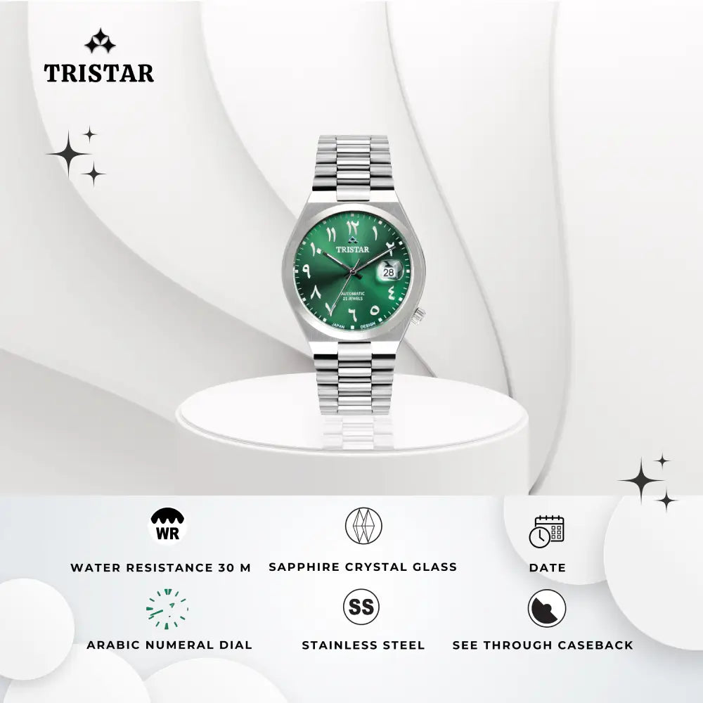 Tristar automático esfera verde esfera con numeración arábiga acero inoxidable Reloj para hombre — imagen 7