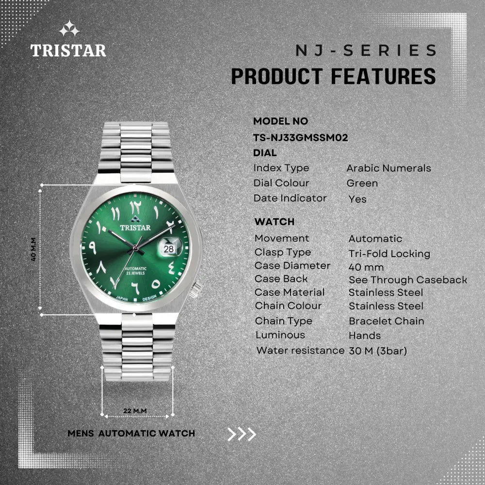 Tristar automático esfera verde esfera con numeración arábiga acero inoxidable Reloj para hombre — imagen 8