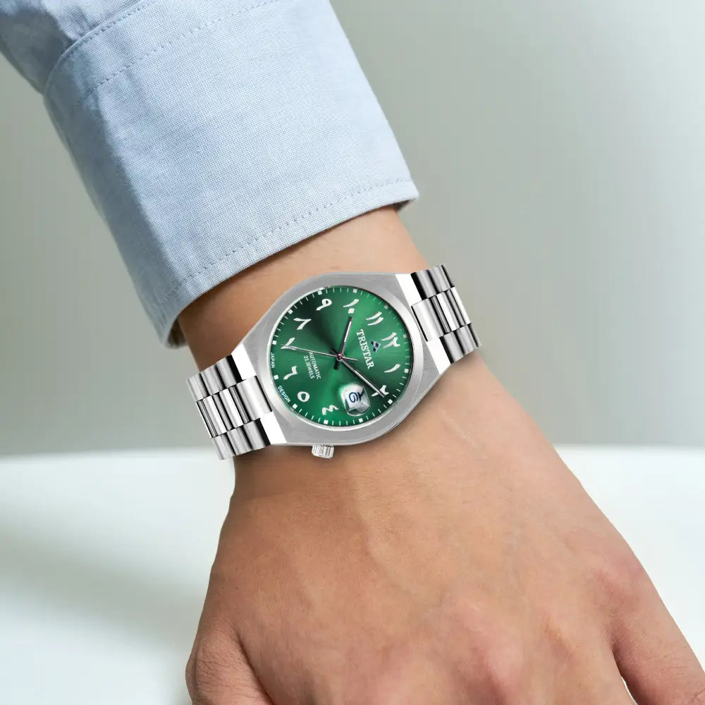 Tristar automático esfera verde esfera con numeración arábiga acero inoxidable Reloj para hombre — imagen 5